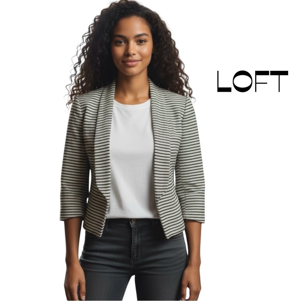 LOFT Black Metallic Cream Striped Linen Cottage EuroGirl Jacket Size 0P